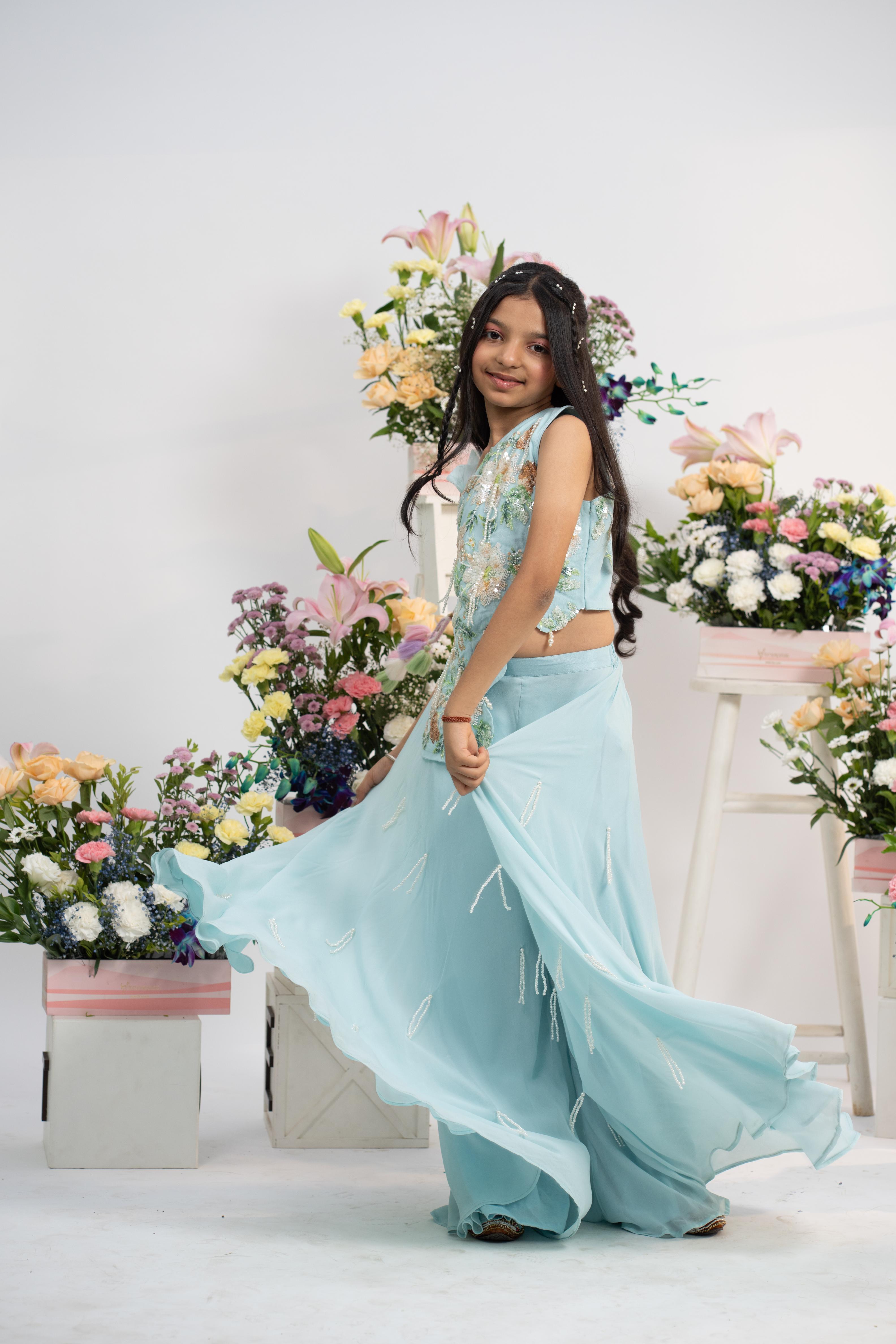 Kids festive powder blue palazzo set with floral embroidered blouse