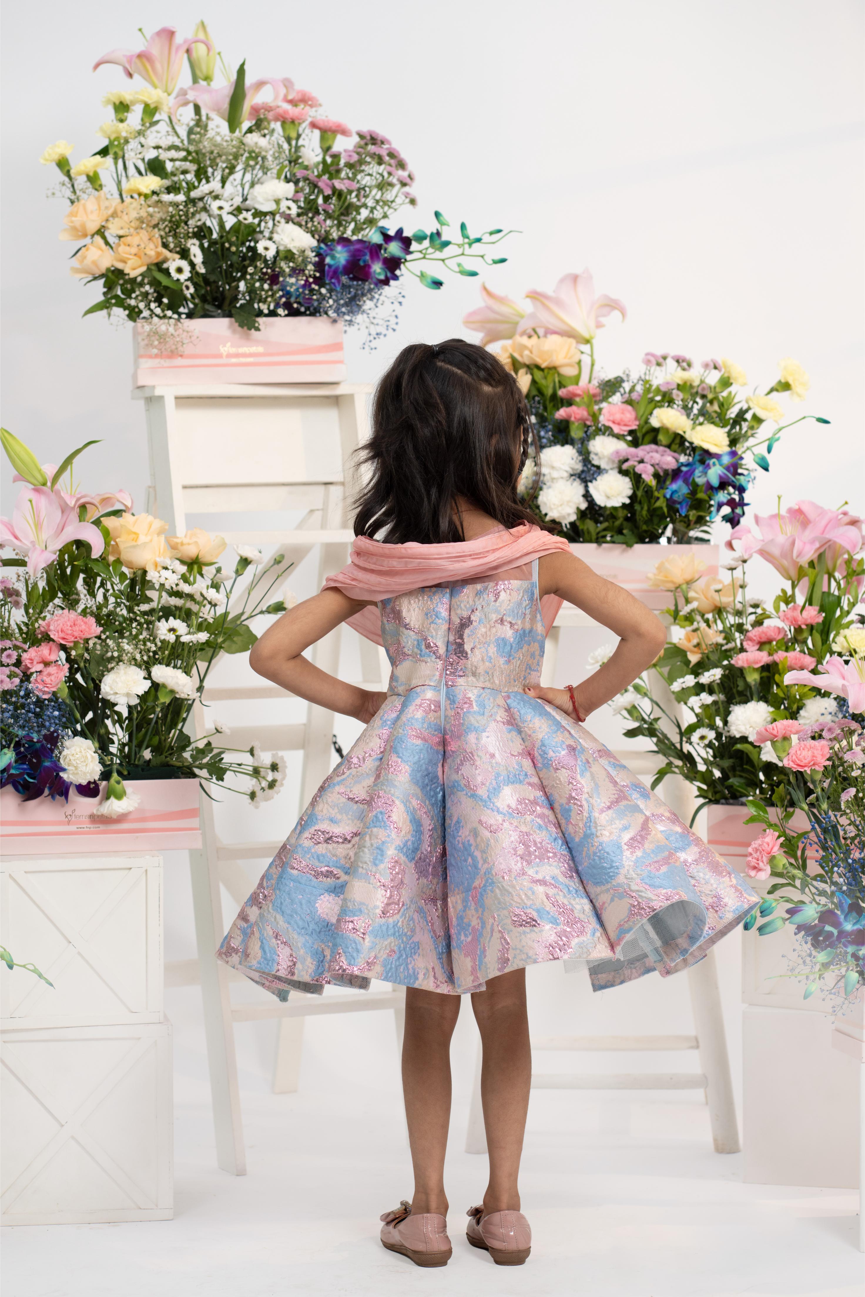 Blush pink brocade flared party dress for girls