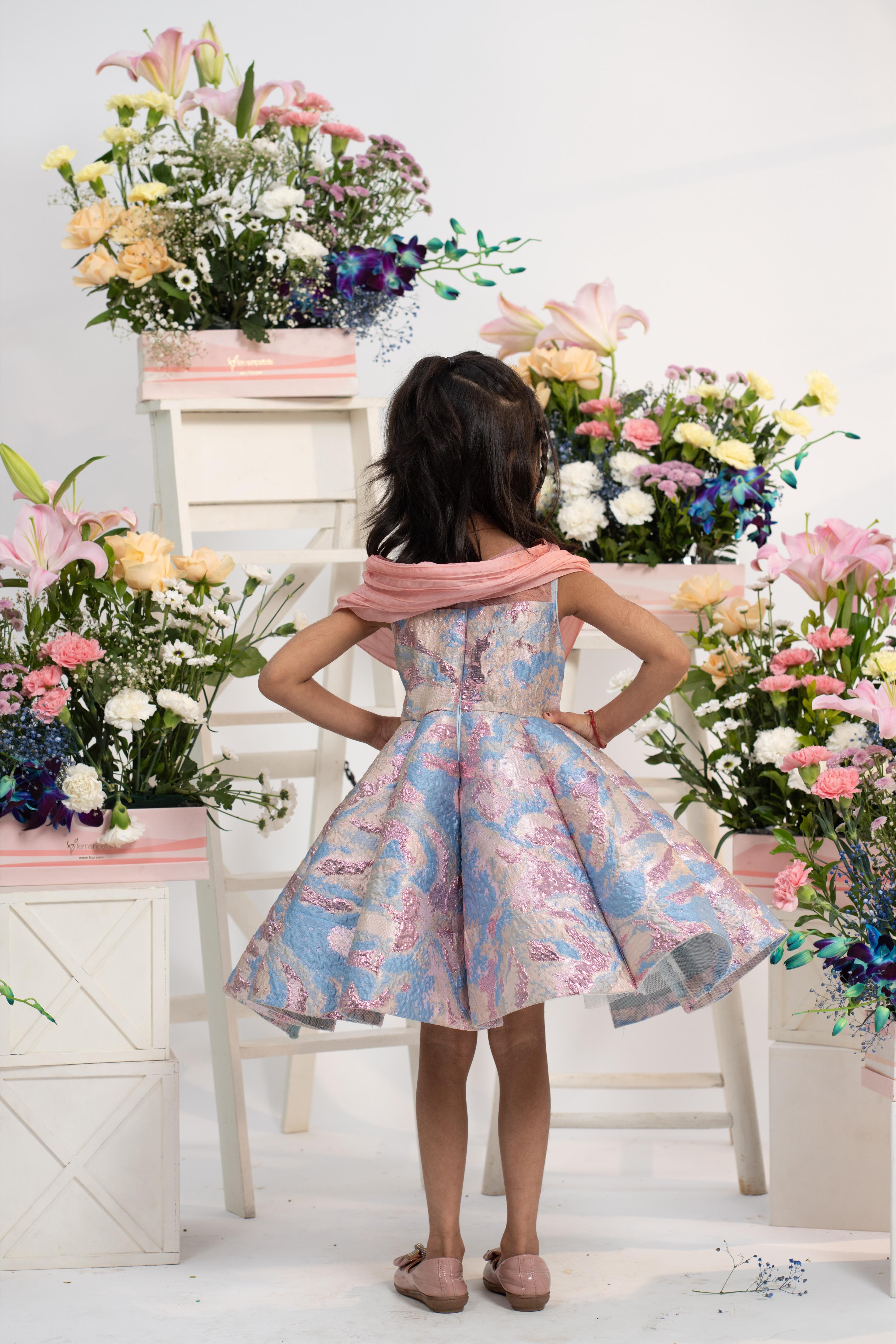 Designer blush pink girls party dress with brocade flared skirt
