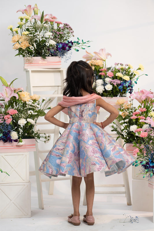 Designer blush pink girls party dress with brocade flared skirt