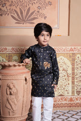 Black Brocade Kurta Set with White Pyjama