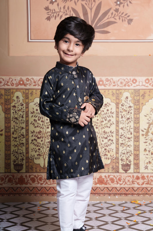 Black Brocade Kurta Set with White Pyjama