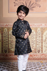 Black Brocade Kurta Set with White Pyjama