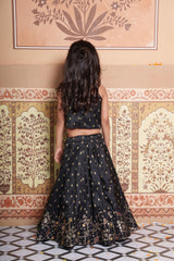 Elegant black Silk Lehenga set with rich Brocade Zari detailing, embellished crop top, dupatta and matching potli