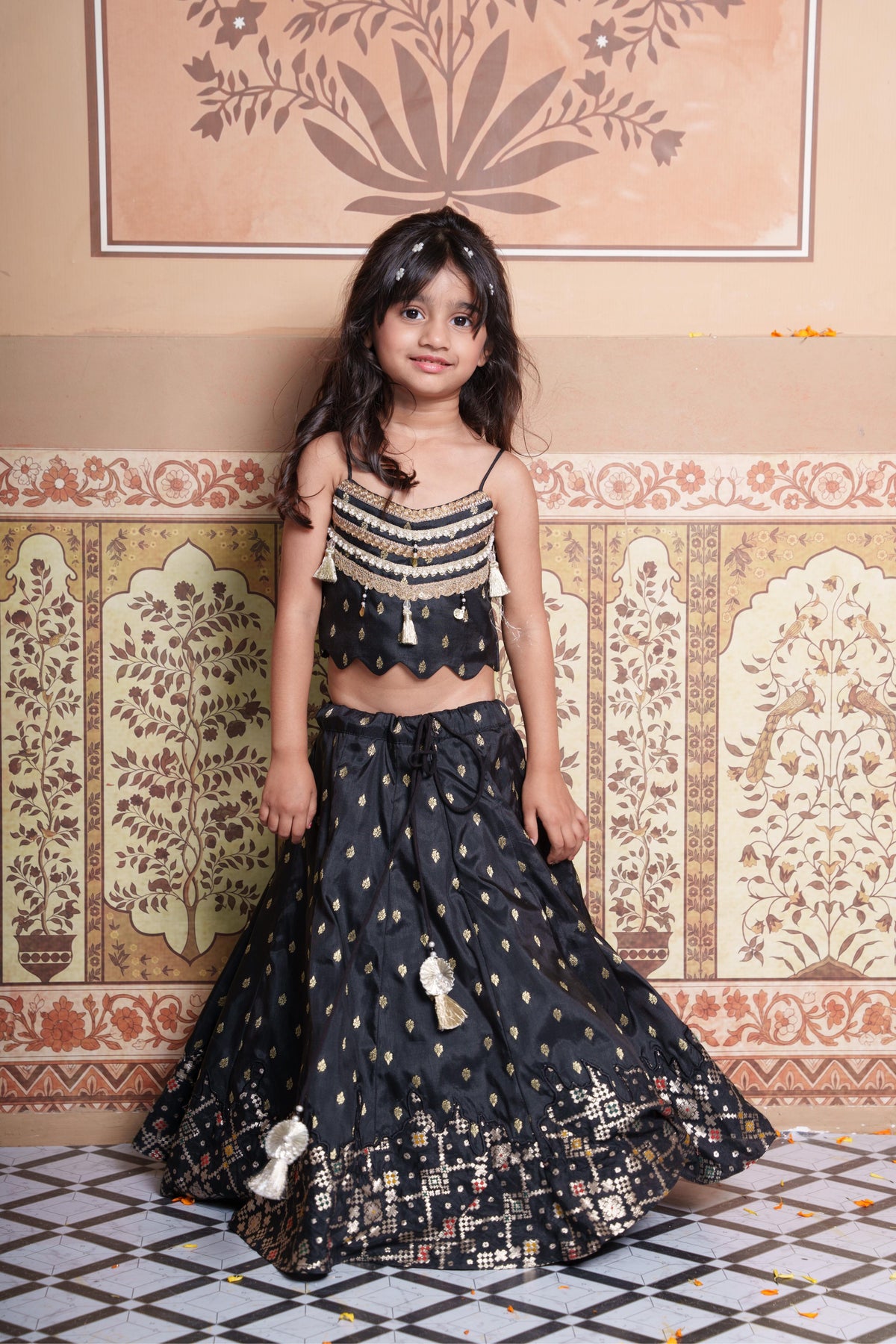 Elegant black Silk Lehenga set with rich Brocade Zari detailing, embellished crop top, dupatta and matching potli