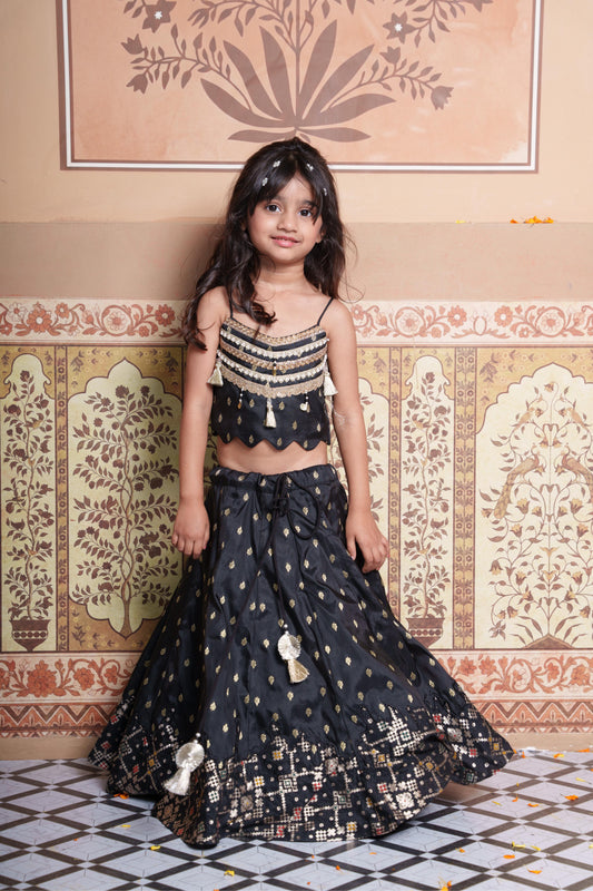 Elegant black Silk Lehenga set with rich Brocade Zari detailing, embellished crop top, dupatta and matching potli