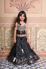 Elegant black Silk Lehenga set with rich Brocade Zari detailing, embellished crop top, dupatta and matching potli