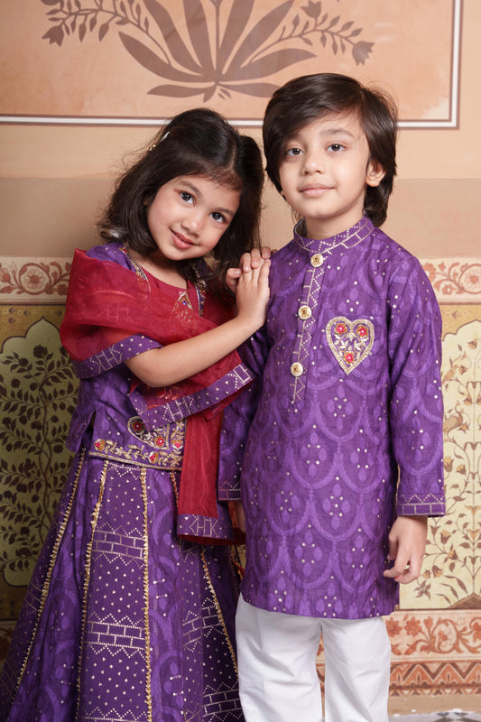 Purple & Red Hand Embroidered Girl and Boy Set