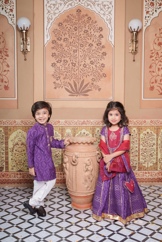 Purple & Red Hand Embroidered Girl and Boy Set
