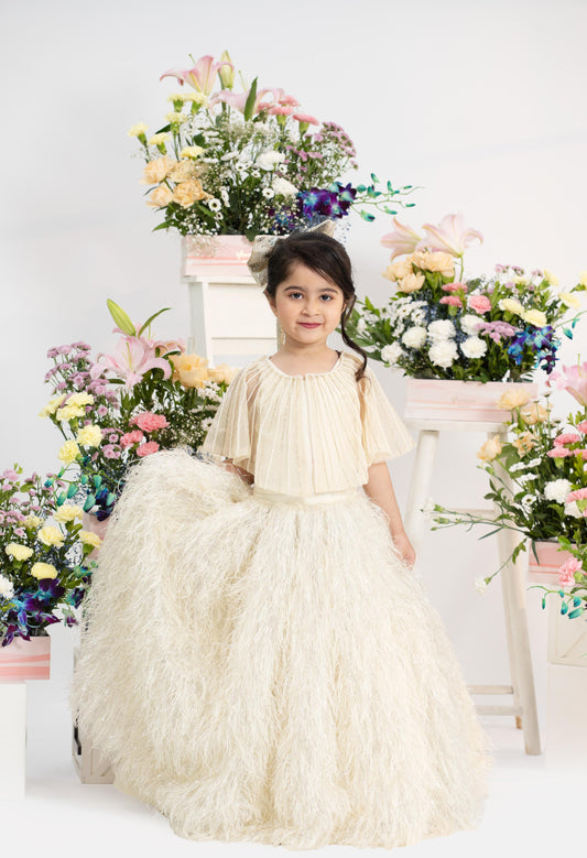 Luxury ivory couture party outfit with feather skirt for girls