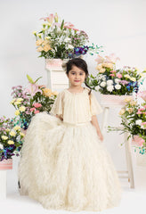 Luxury Pleated Shimmer Top With Dramatic Feathered Skirt In Elegant Ivory Couture Style