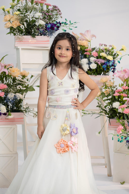 Ivory handwork embroidered top with flowing lehenga for girls
