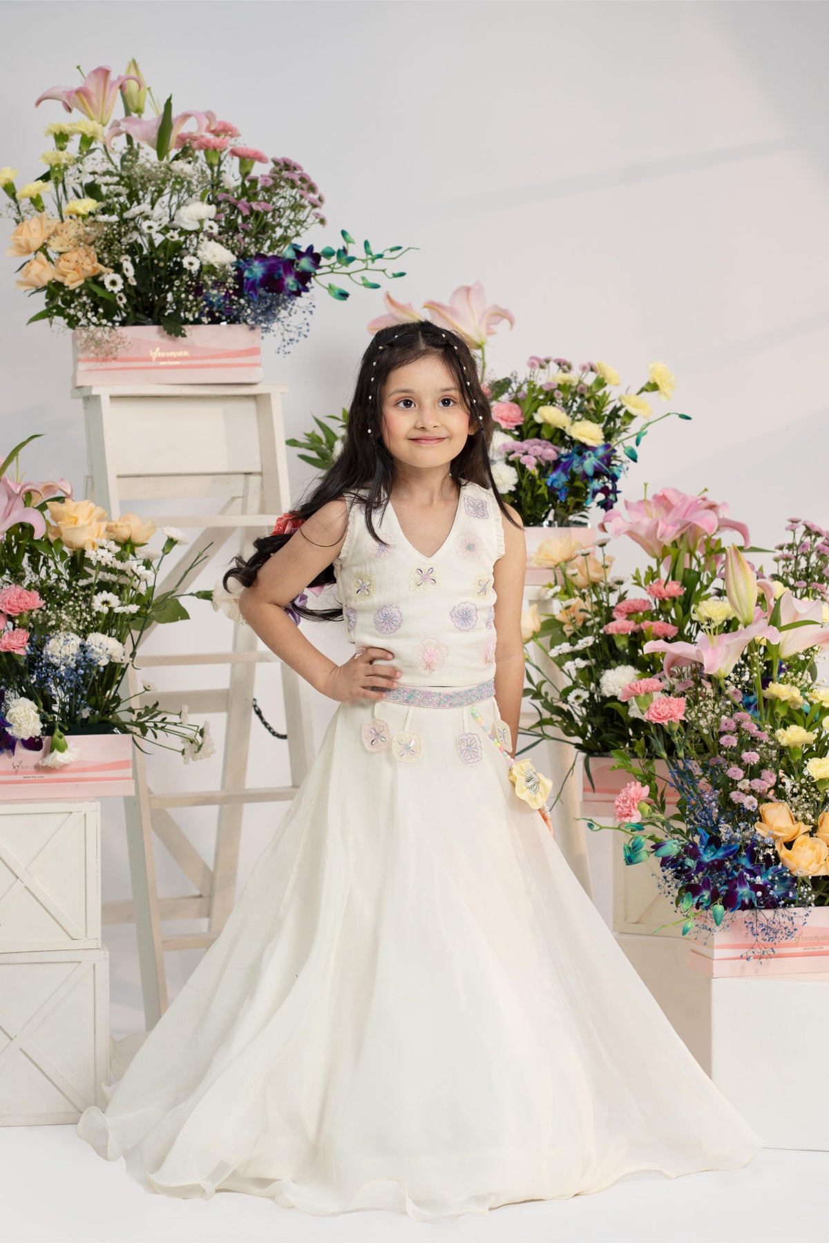 Kids wedding ivory embroidered lehenga outfit by Kirti Agarwal