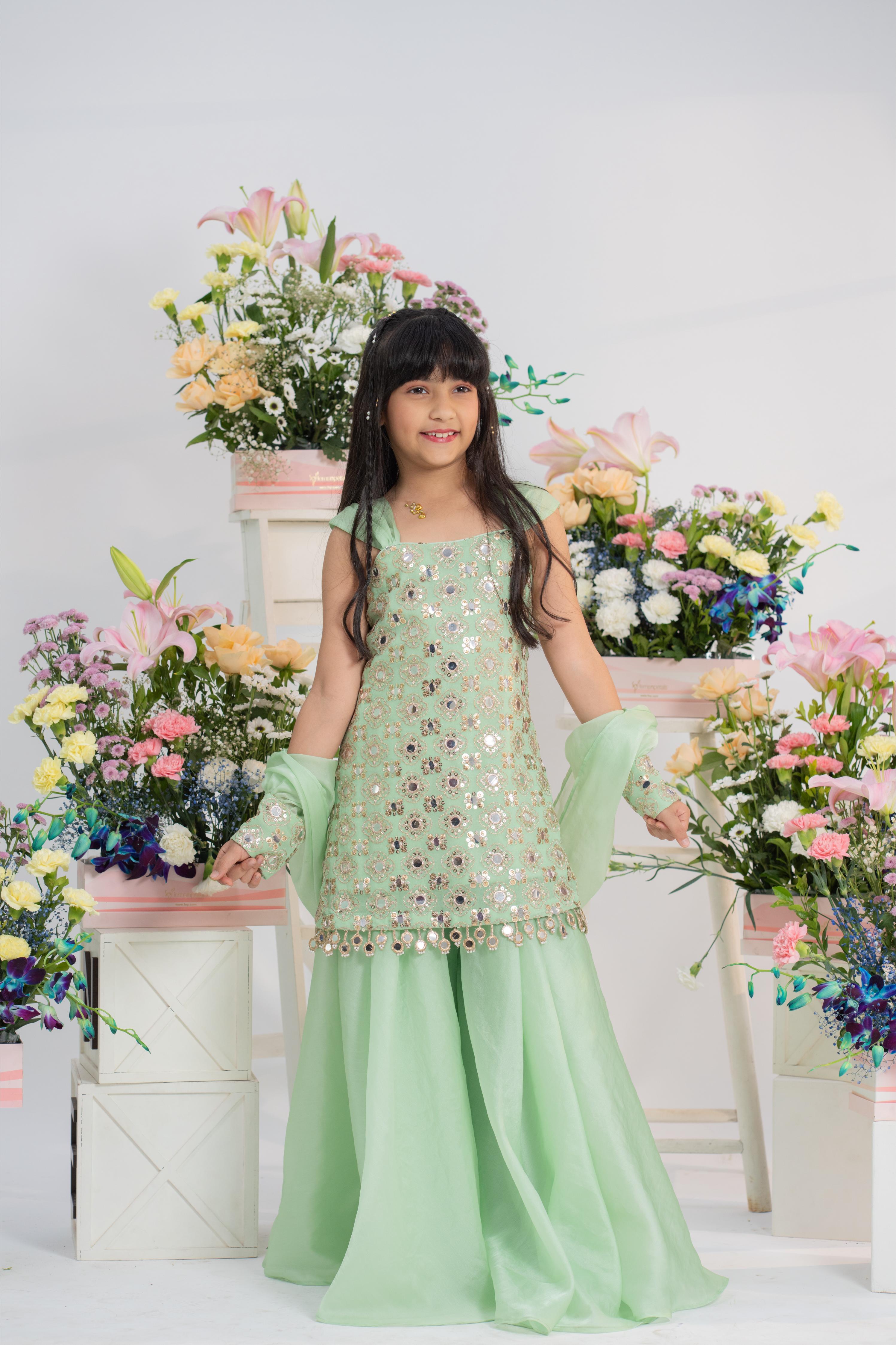 Mint green mirror embroidered kurti sharara set for girls with organza dupatta