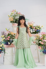 Mint green mirror embroidered kurti sharara set for girls with organza dupatta