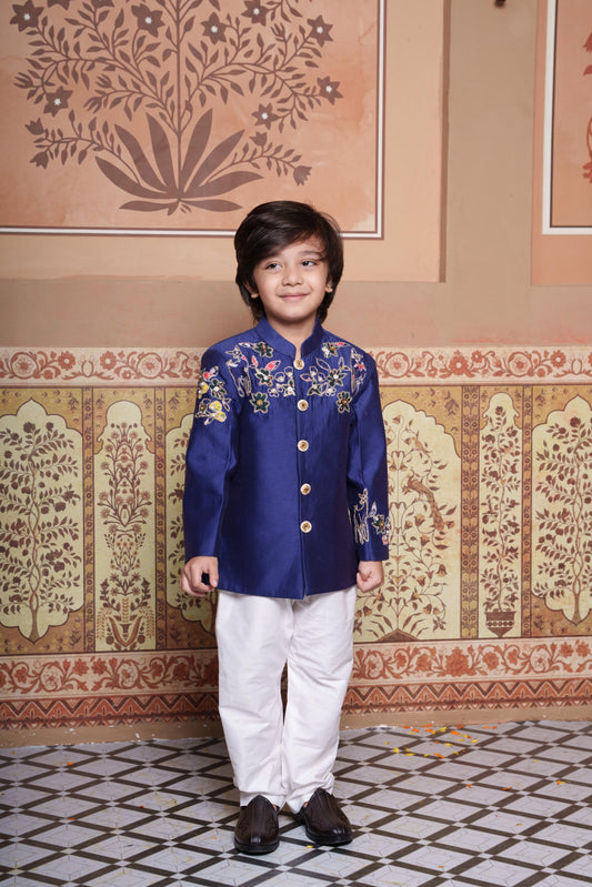 Heavy Handwork Embroidered Royal Blue Chanderi Silk Jacket Set with White Pants