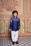 Heavy Handwork Embroidered Royal Blue Chanderi Silk Jacket Set with White Pants