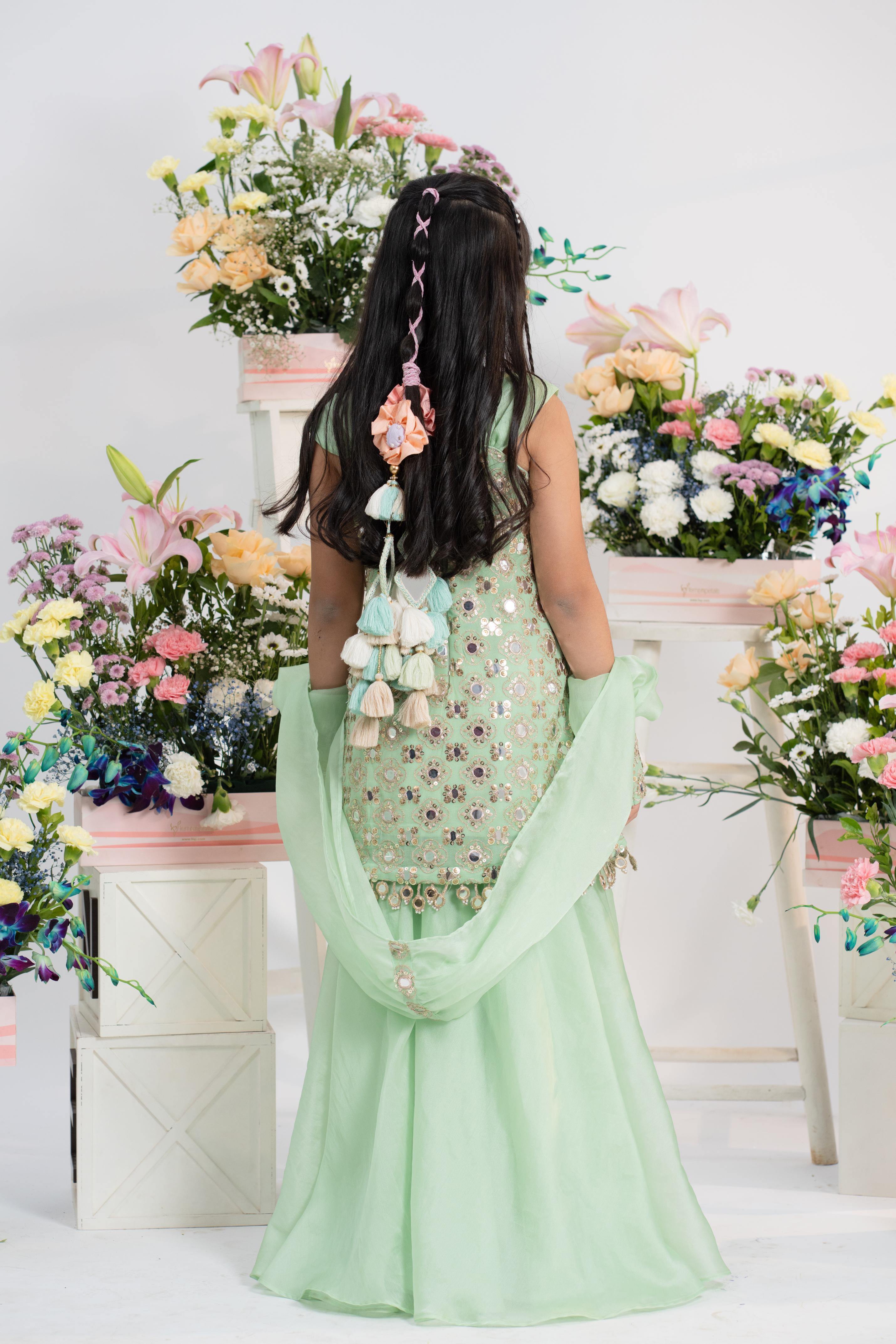 Kids festive mint kurti with flared sharara by Kirti Agarwal
