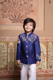 Heavy Handwork Embroidered Royal Blue Chanderi Silk Jacket Set with White Pants