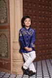Heavy Handwork Embroidered Royal Blue Chanderi Silk Jacket Set with White Pants