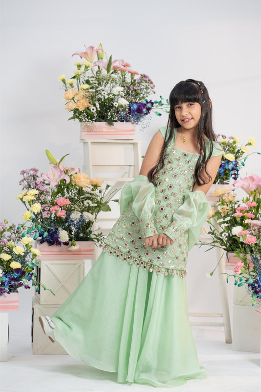 Designer mint green girls sharara outfit with mirror embroidery