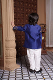 Heavy Handwork Embroidered Royal Blue Chanderi Silk Jacket Set with White Pants
