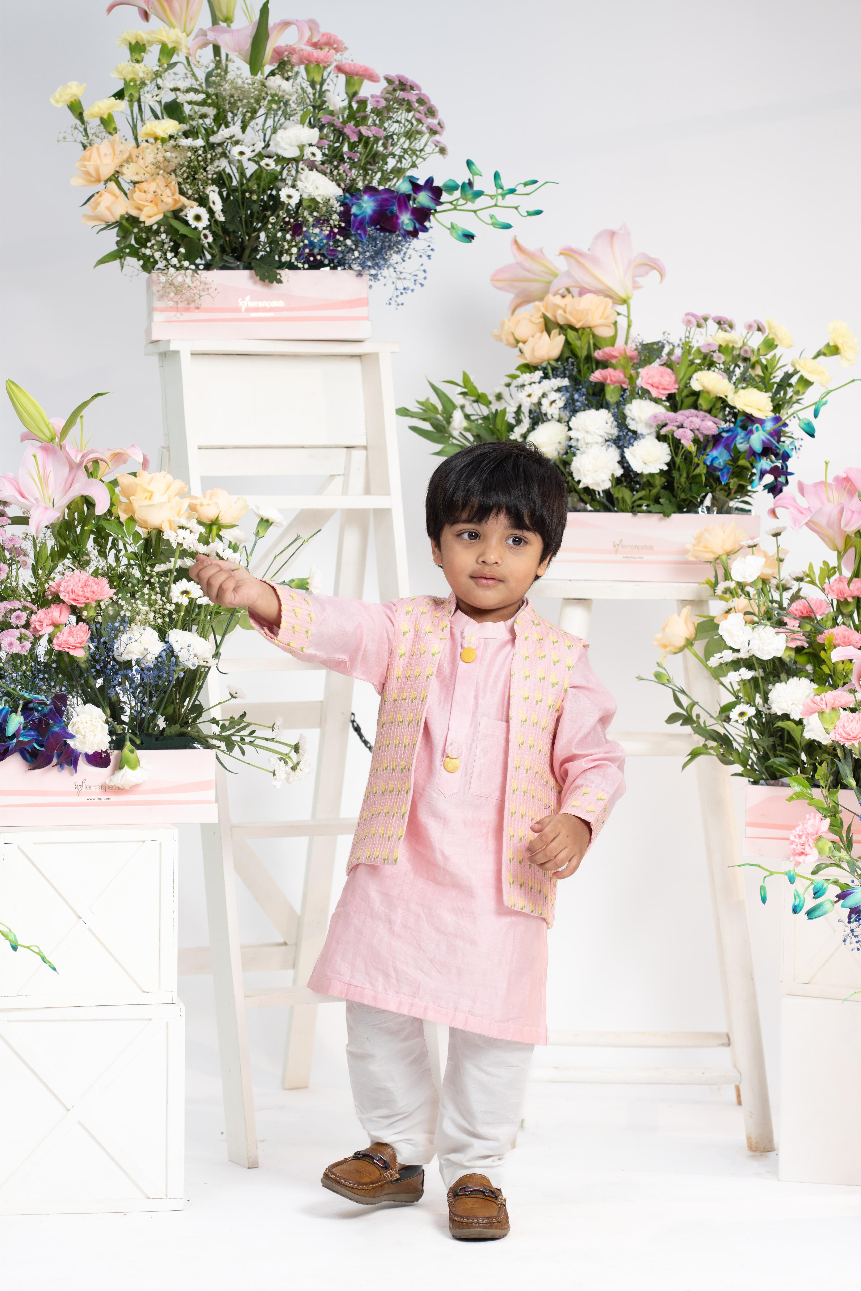Boys patch pocket kurta with floral open jacket and pyjama set
