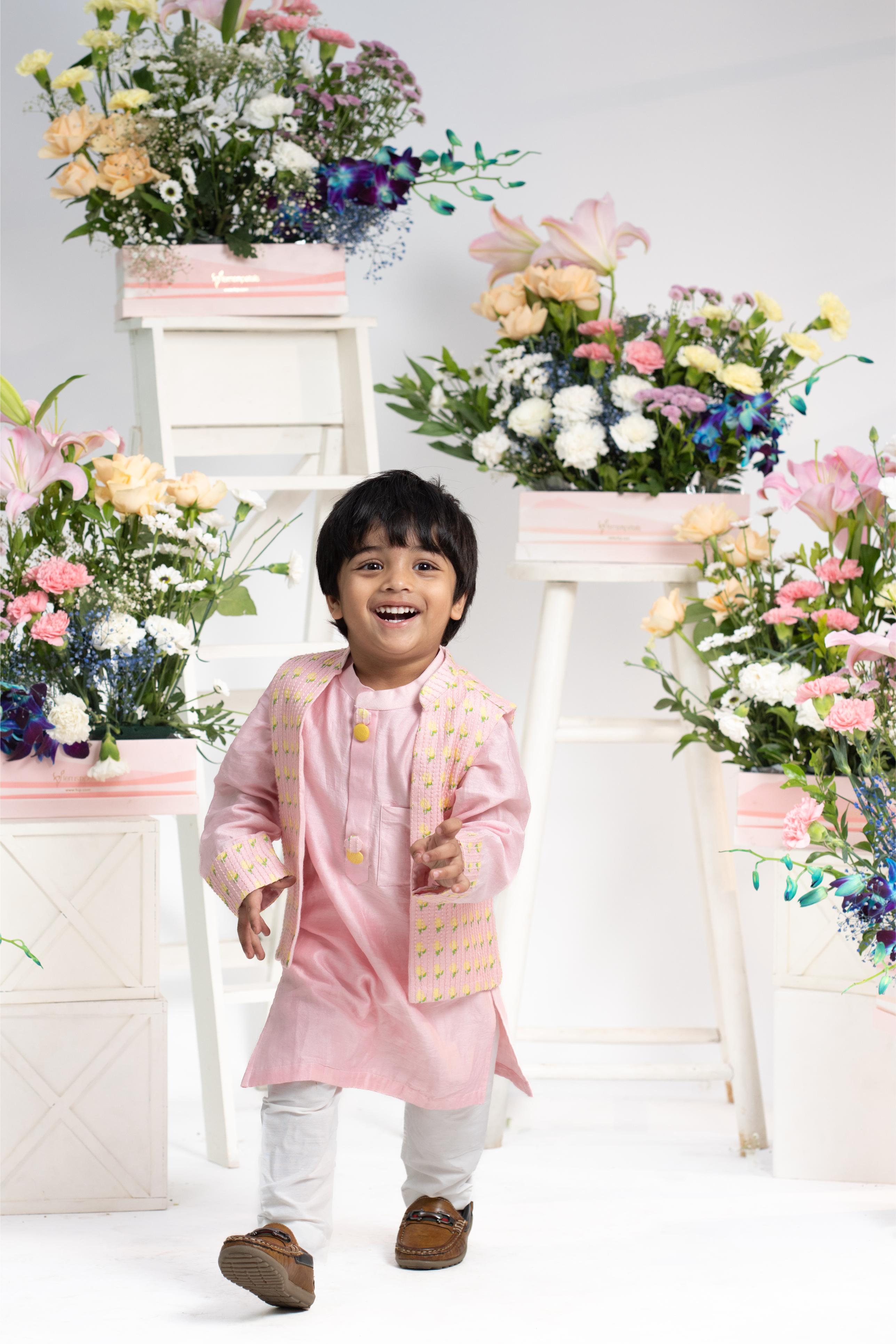 Kids festive kurta with floral jacket and pyjama by Kirti Agarwal