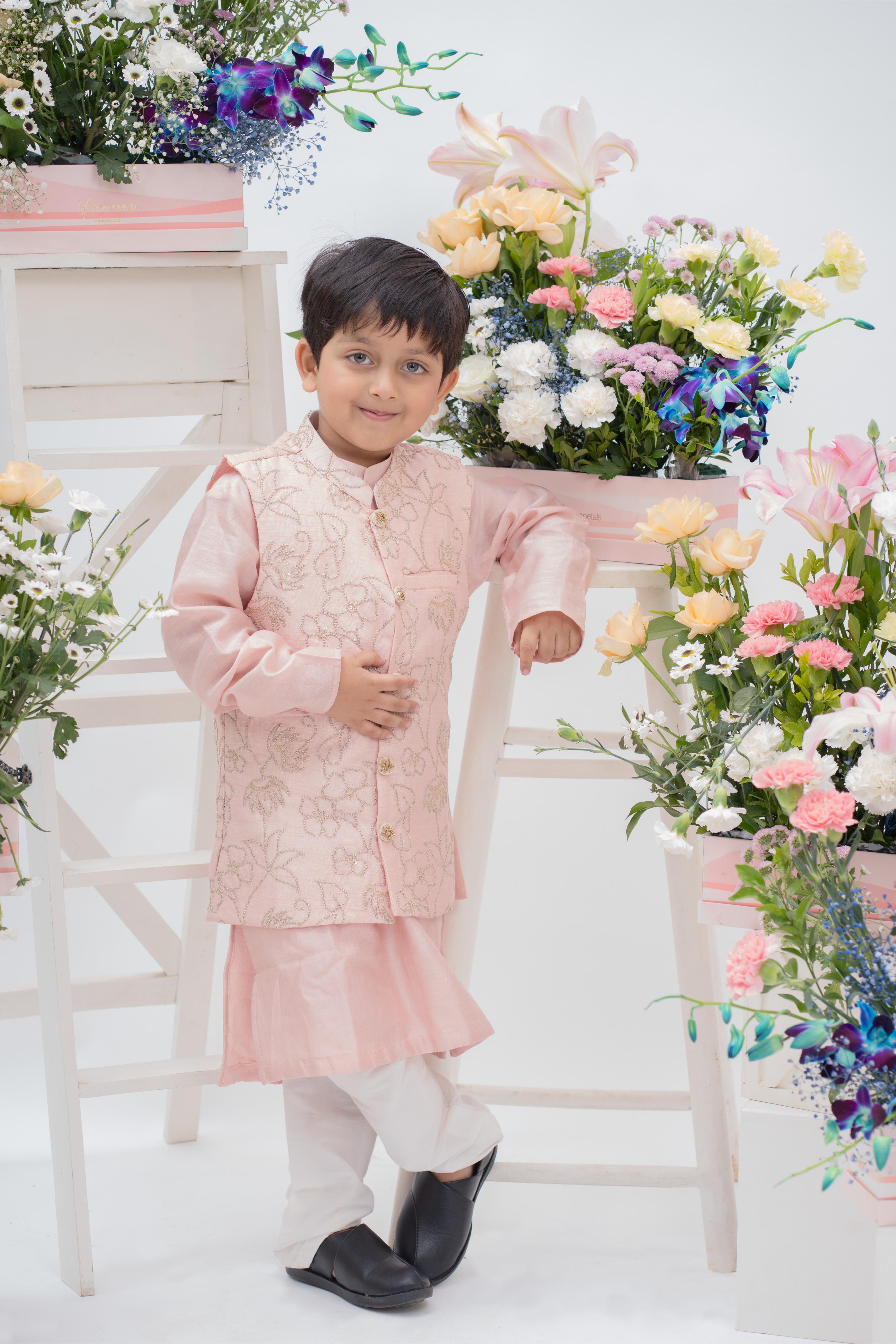 blush pink embroidered kurta jacket set for boys by Kirti Agarwal