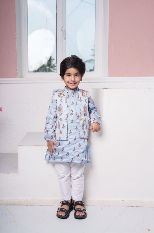 Sea Blue Kurta Set with Floral Jacket