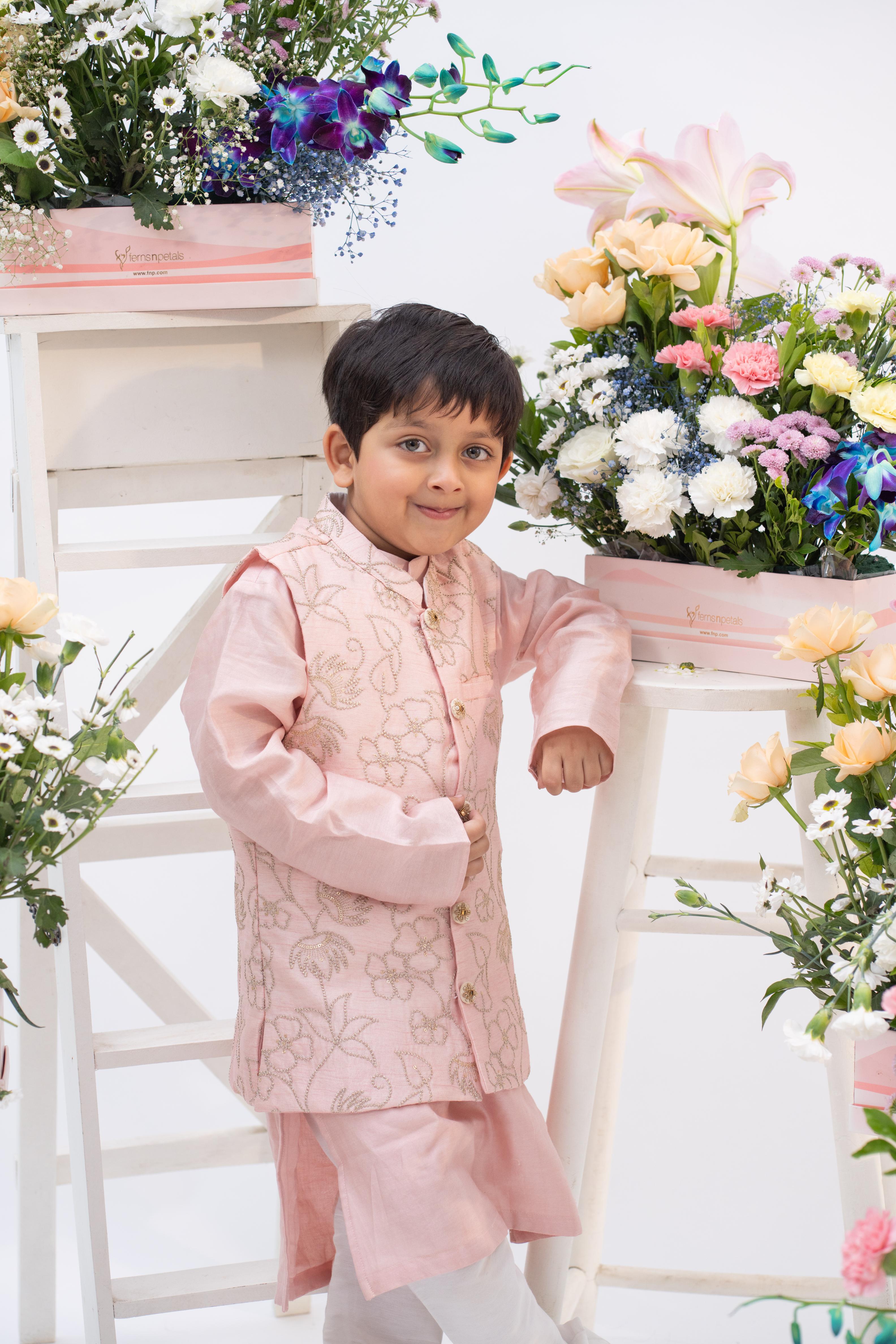 designer boys blush pink kurta jacket outfit for wedding and festive wear