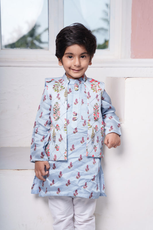 Sea Blue Kurta Set with Floral Jacket