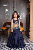 Navy Blue Embroidered Satin Organza Lehenga Set with Beaded Tassel Top