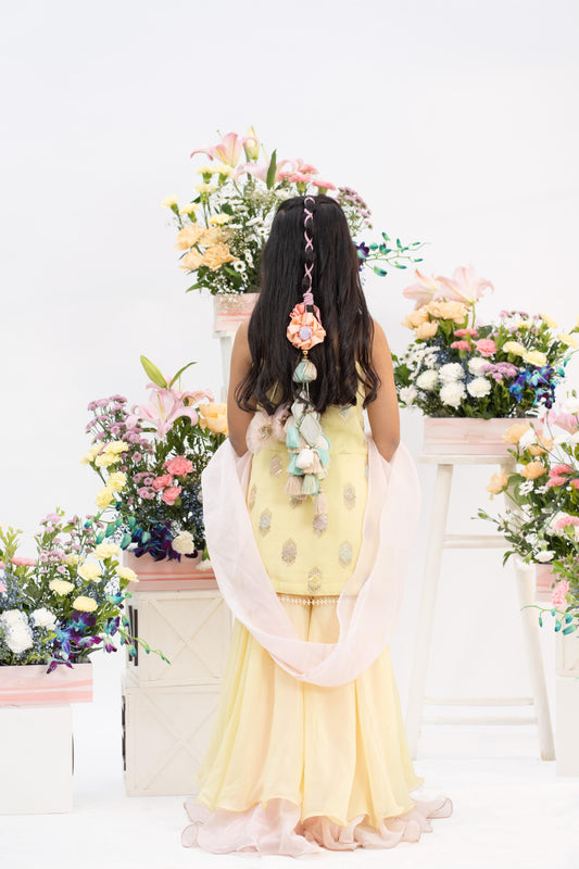 Designer pastel yellow girls sharara outfit with flowy sharara