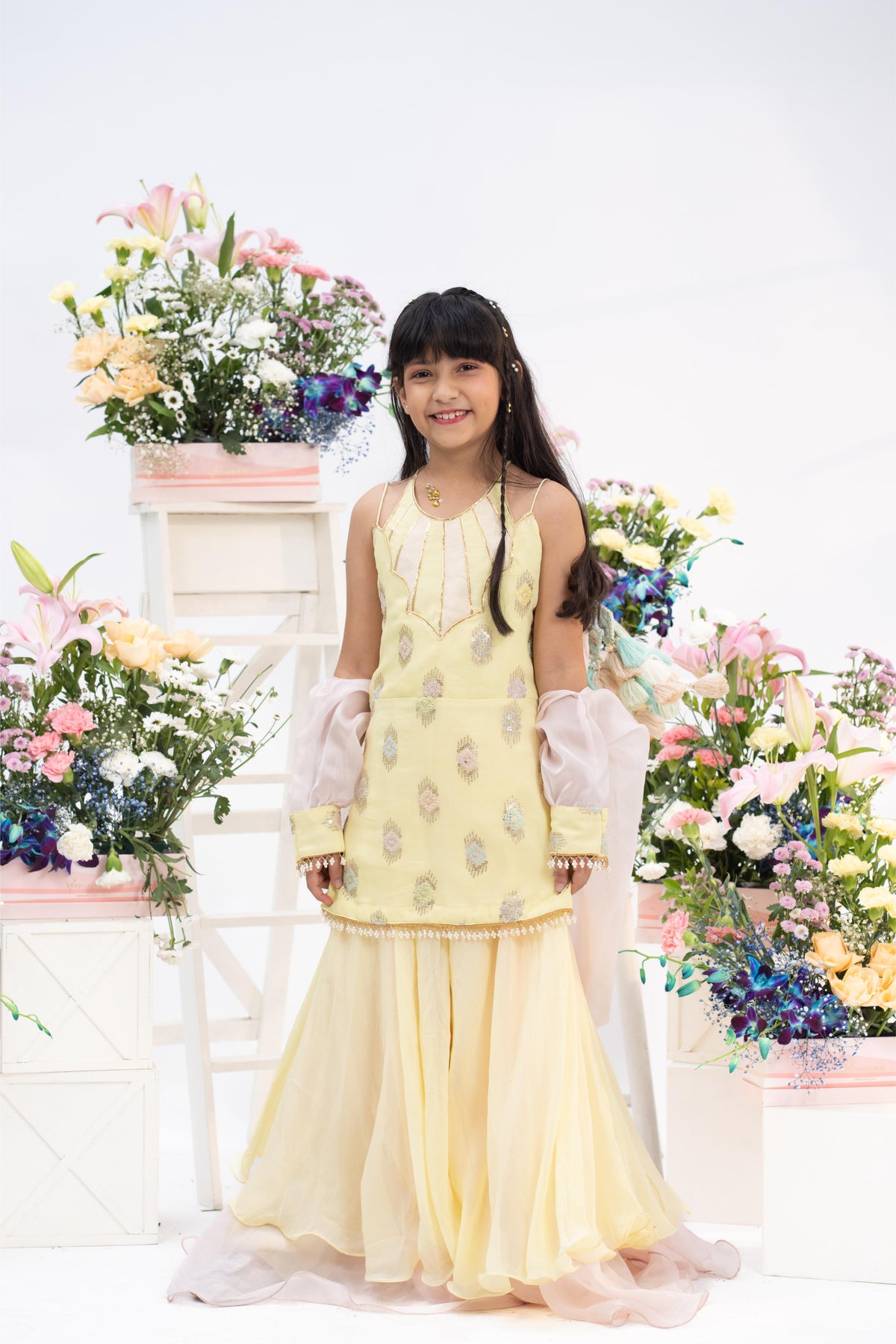 Pastel yellow kurti sharara set for girls with blush organza dupatta
