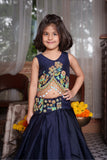 Navy Blue Embroidered Satin Organza Lehenga Set with Beaded Tassel Top