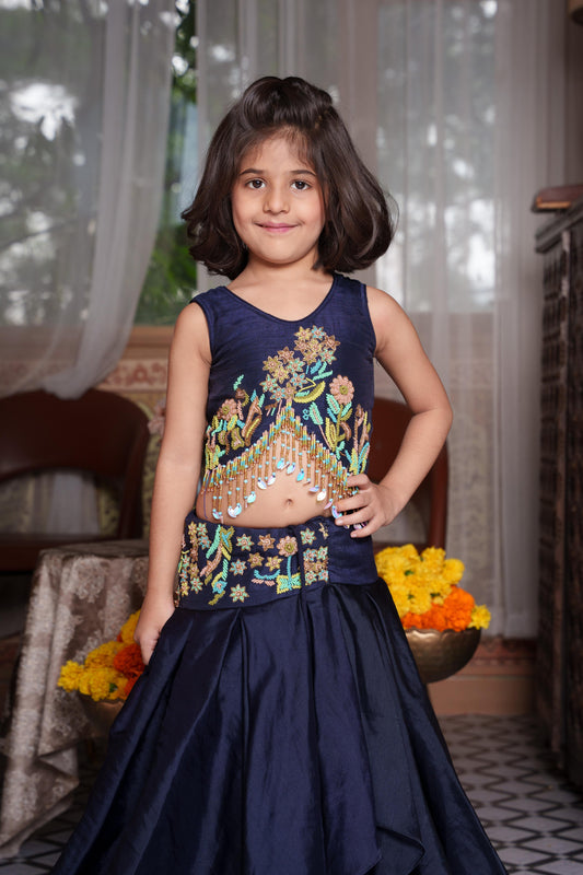Navy Blue Embroidered Satin Organza Lehenga Set with Beaded Tassel Top