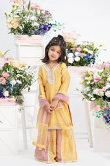 Yellow pink V neck kurti with colour block palazzo for girls
