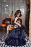 Navy Blue Embroidered Satin Organza Lehenga Set with Beaded Tassel Top