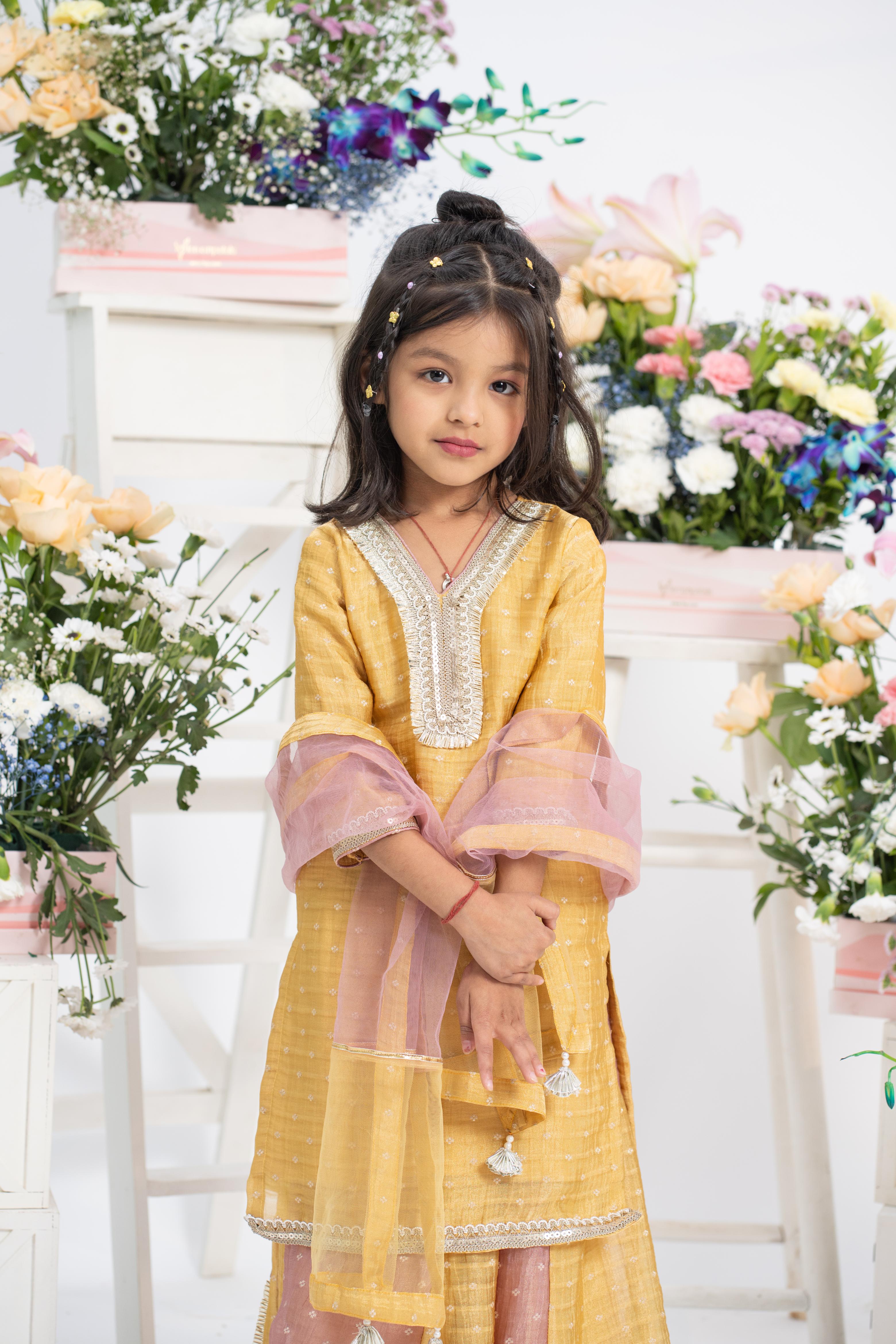 Kids festive kurti with colour block palazzo outfit by Kirti Agarwal