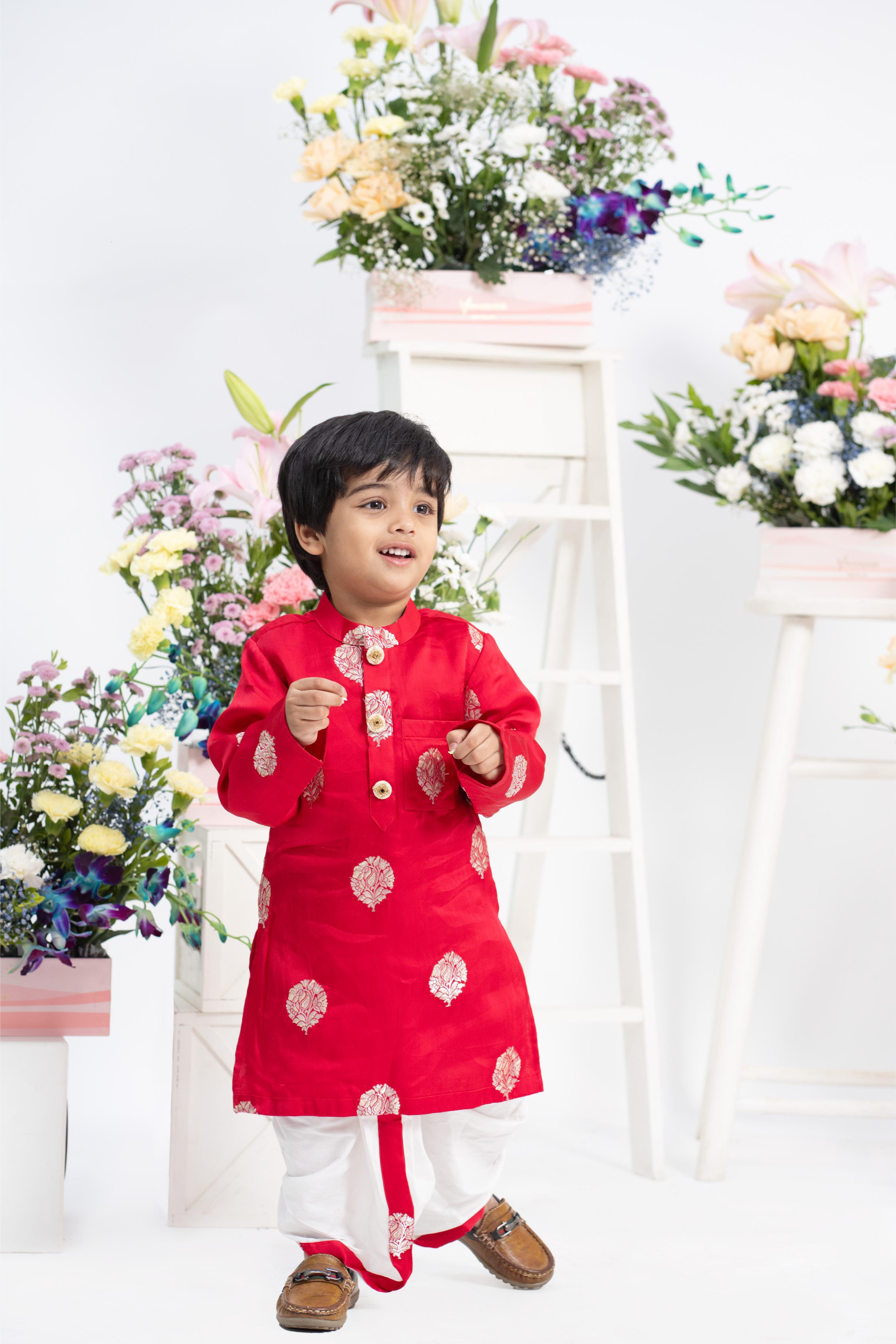 Royal red silk kurta set for boys with gold zari embroidery
