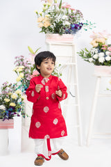 Royal red silk kurta set for boys with gold zari embroidery