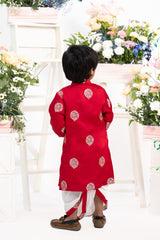 Kids wedding royal red kurta dhoti set by Kirti Agarwal