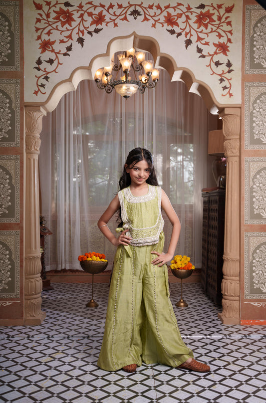 Pistachio Green Embroidered Peplum Top With Wide-Leg Palazzo Pants