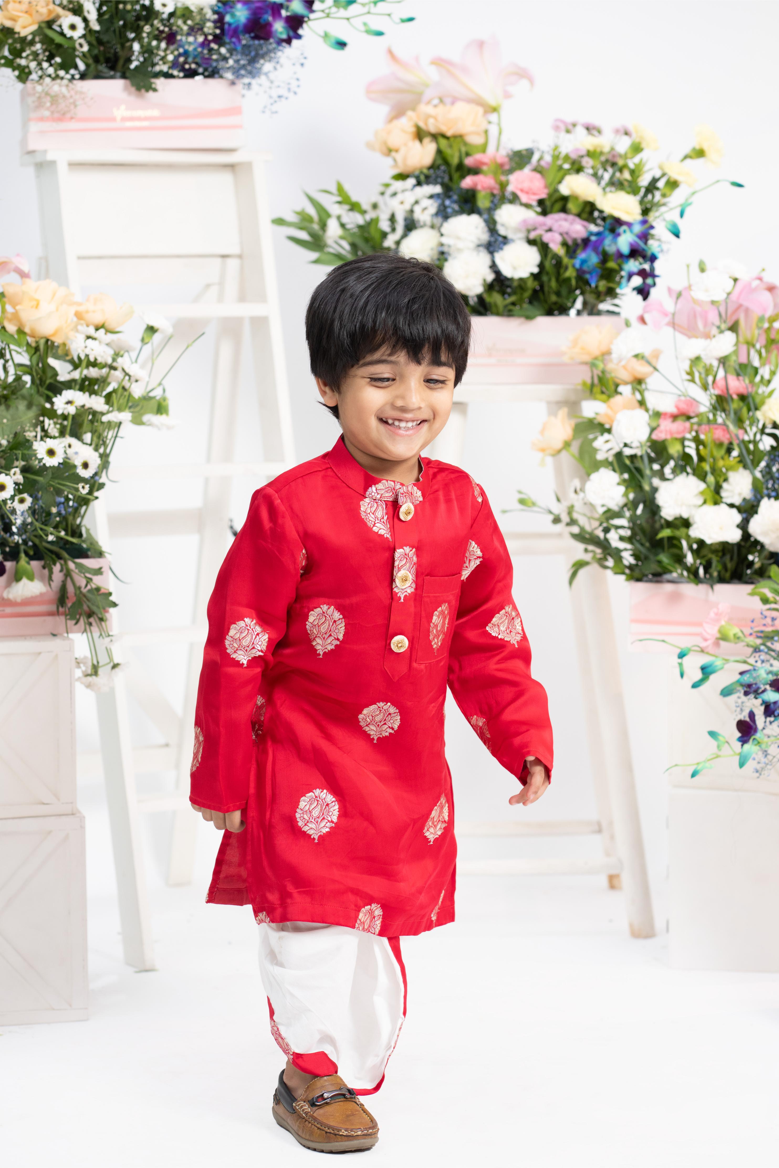 Designer boys red kurta with dhoti pants festive outfit