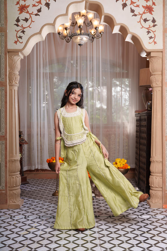 Pistachio Green Embroidered Peplum Top With Wide-Leg Palazzo Pants