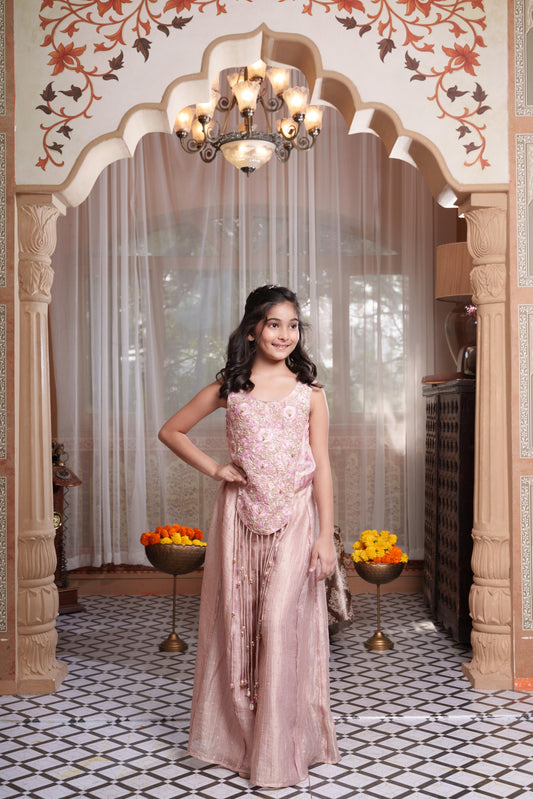 Mauve Pink Floral Embroidered Corset Top With Wide-Leg Palazzo Pants & Tassel Detailing