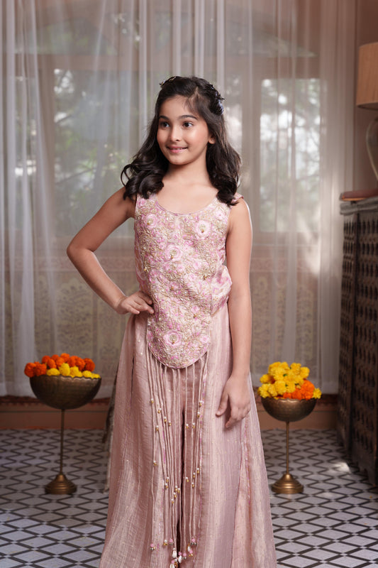 Mauve Pink Floral Embroidered Corset Top With Wide-Leg Palazzo Pants & Tassel Detailing