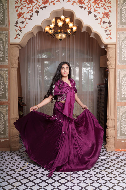 Royal Purple Embroidered Organza Lehenga Set with Attached Pearl Cape