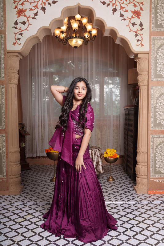 Royal Purple Embroidered Organza Lehenga Set with Attached Pearl Cape